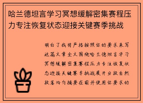 哈兰德坦言学习冥想缓解密集赛程压力专注恢复状态迎接关键赛季挑战