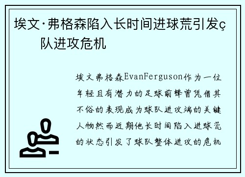 埃文·弗格森陷入长时间进球荒引发球队进攻危机 埃文·弗格森陷入长时间进球荒引发球队进攻危机